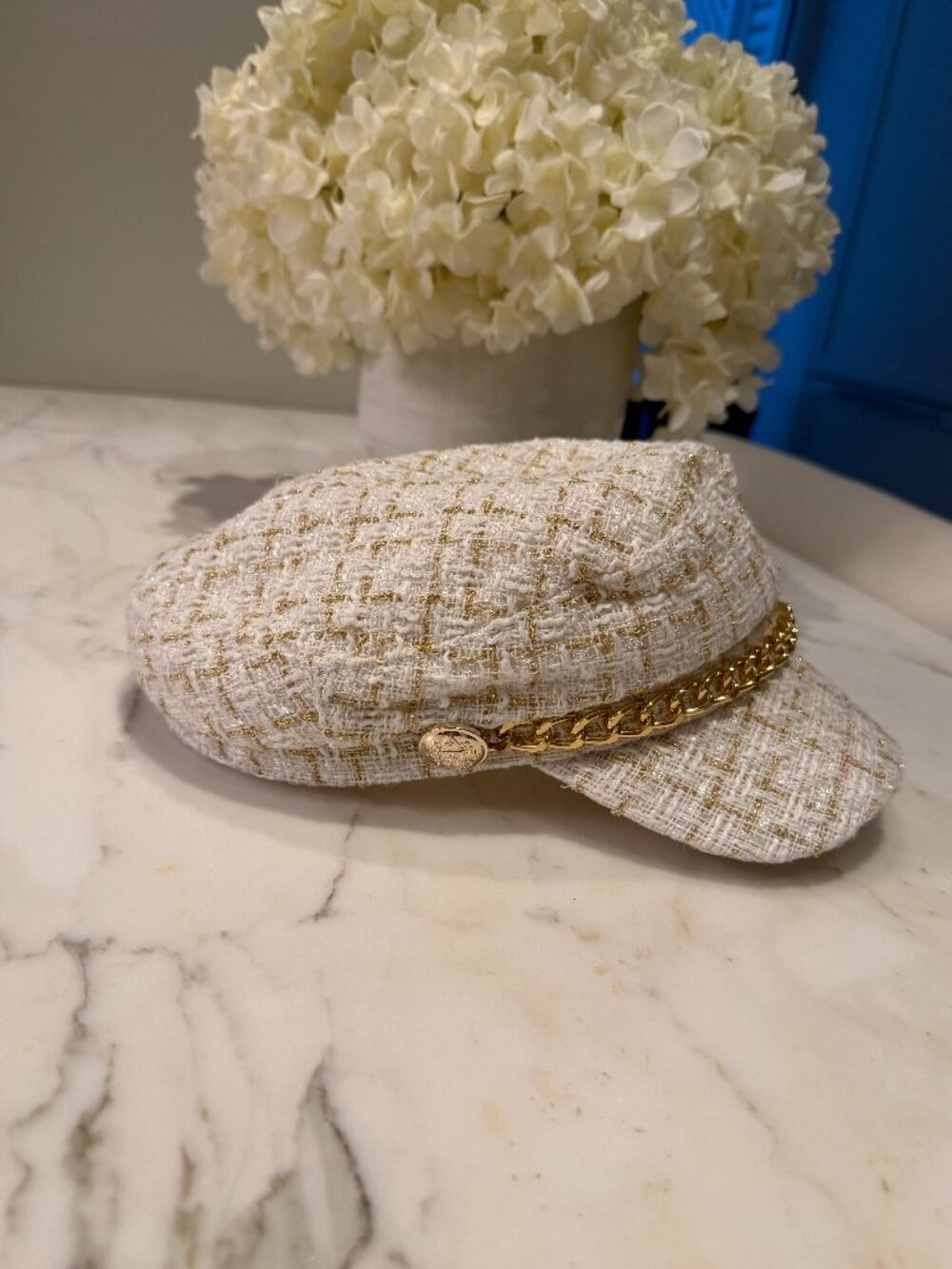 White & Gold Metallic Tweed Baker Boy Hat | Chanel Style Chain Fiddler Cap